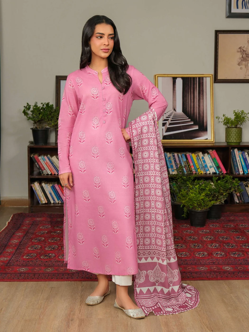 2 Piece Khaddar Suit-Printed (Unstitched) — Pink