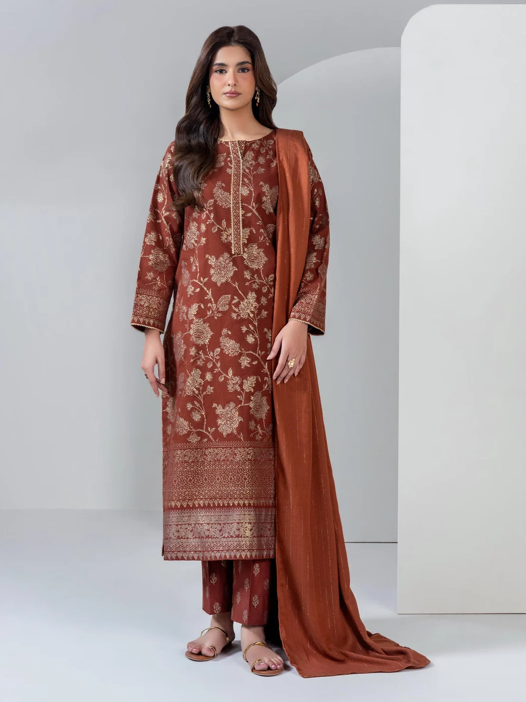 3 Piece Sub Khaddar Suit (Unstitched) — Red